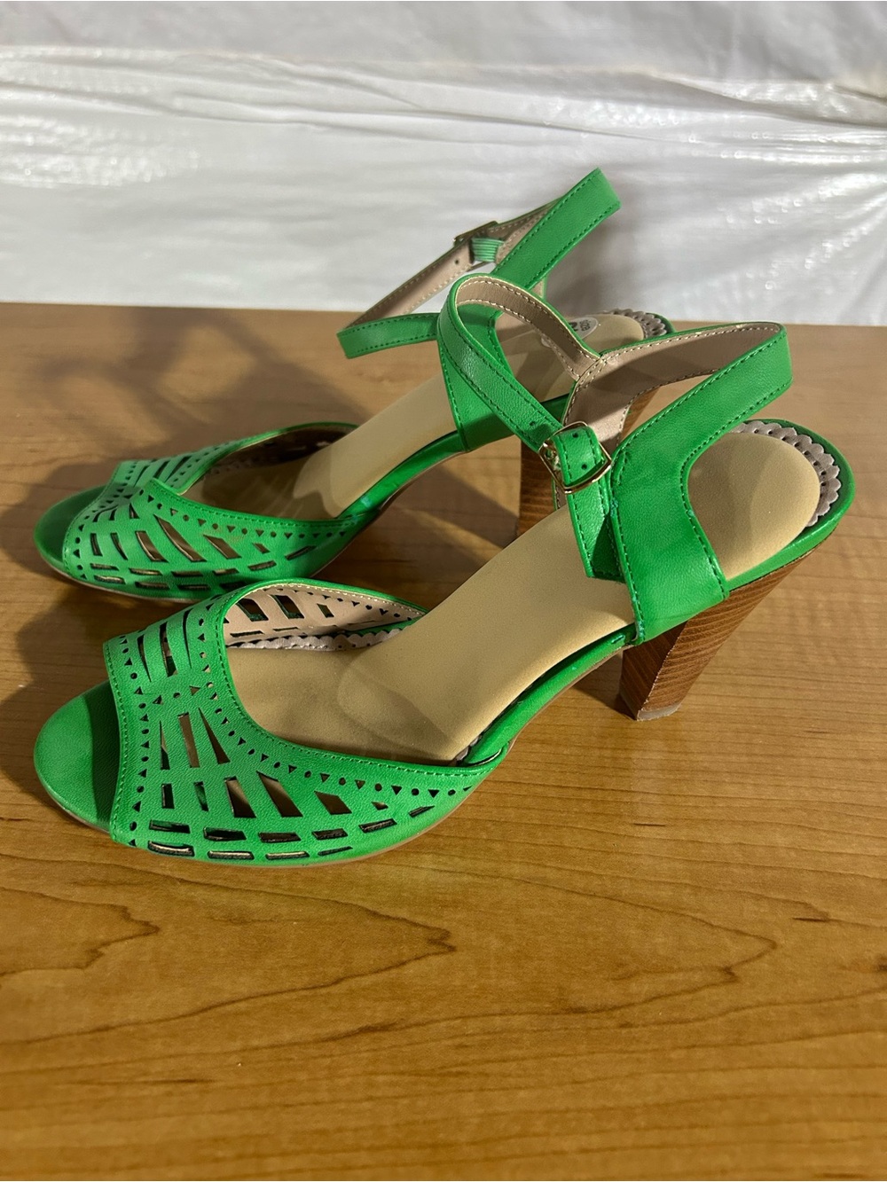 Restricted Bright Green Laser-Cut Ankle-Strap Heels